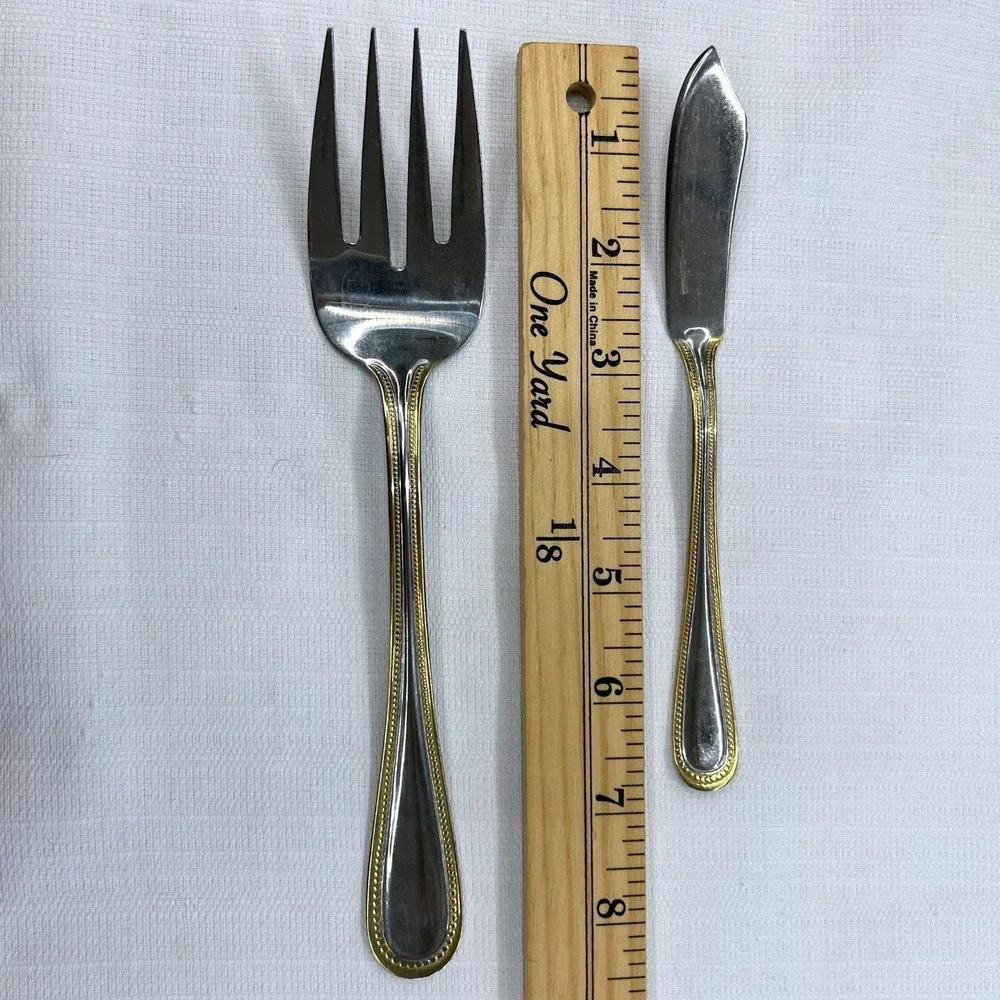 International Silver Royal Bead Gold 4 pc Serving Set Stainless 18/8 Spoons Fork